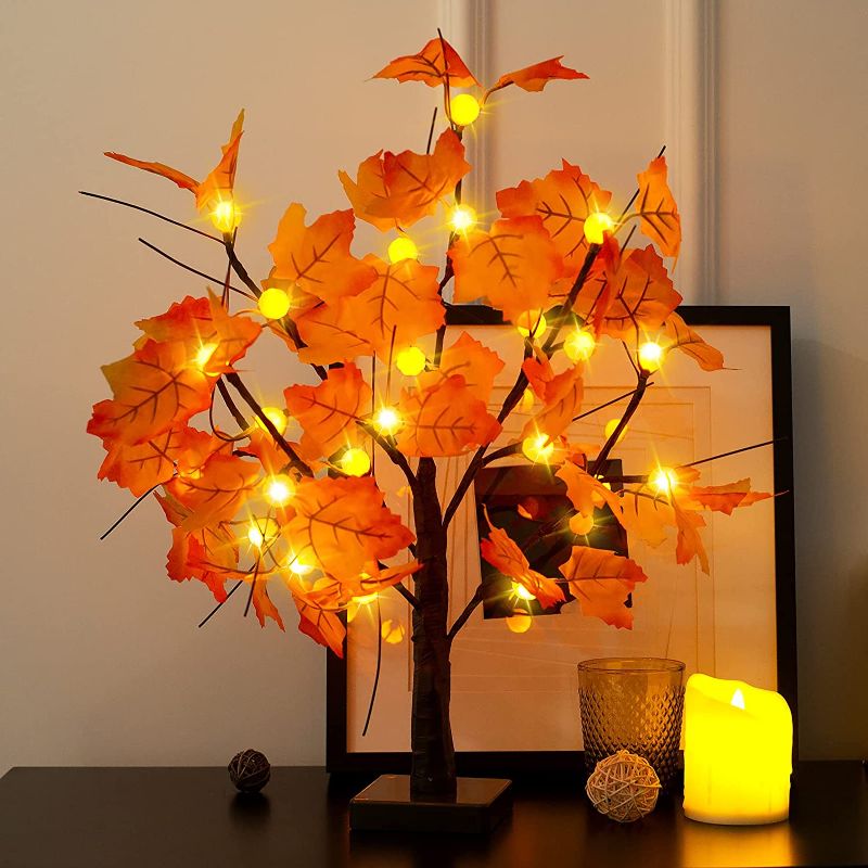 Photo 1 of 24-inch Fall Lighted Maple Tree, 24 LED Pumpkin Lights, Halloween Thanksgiving Decorations Table Tree, Battery Operated Desktop Artificial Tree for Autumn...
