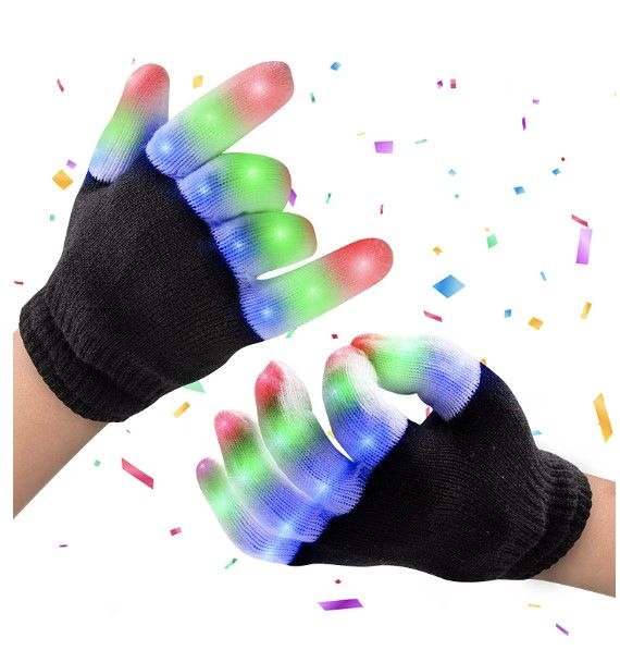 Photo 1 of 10 pack - PartySticks LED Gloves for Kids - Light Up Gloves for Kids with 3 Colors and 6 Flashing LED Glove Modes, LED Finger Light Glow in The Dark Glow Gloves Kids Medium, Black
