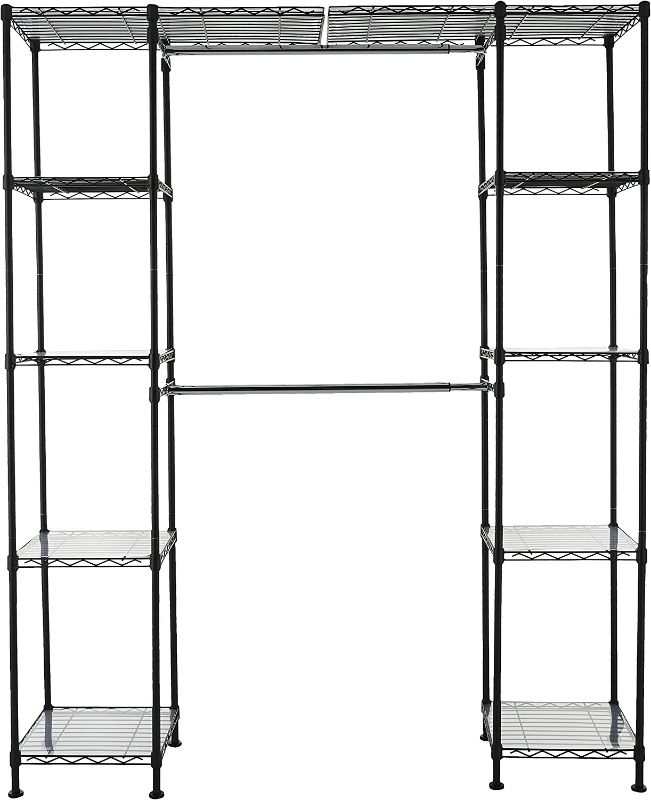 Photo 1 of Amazon Basics Expandable Metal Hanging Storage Organizer Rack Wardrobe with Shelves, 14"-63" x 58"-72", Black