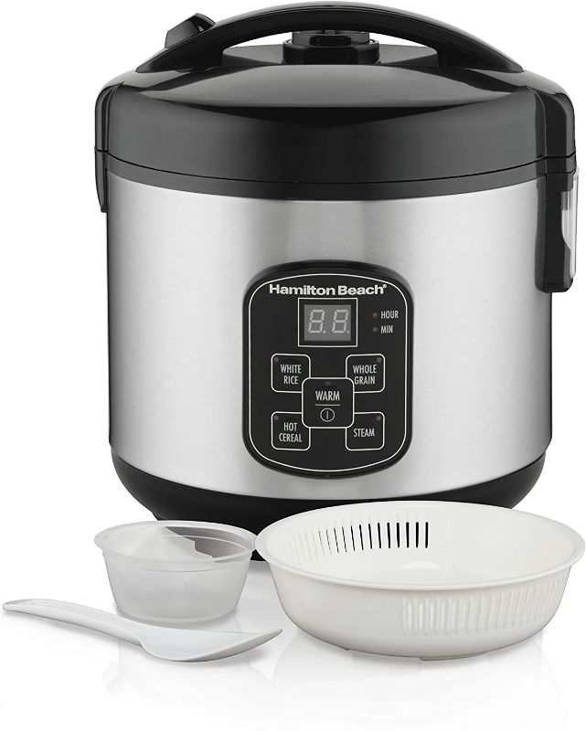 Photo 1 of Hamilton Beach Digital Programmable Rice Cooker & Food Steamer, 8 Cups Cooked (4 Uncooked), With Steam & Rinse Basket, Stainless Steel