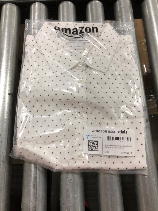 Photo 2 of Amazon Essentials Women's Classic-Fit Long-Sleeve Button-Down Poplin Shirt Large White, Dots - SIZE LARGE 