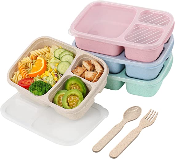 Photo 1 of 4 Pack Bento Lunch Box?3-Compartment Meal Prep Containers?Lunch Box for Kids?Durable BPA Free Plastic Reusable Food Storage Containers - Stackable, Suitable for Schools, Companies,Work and Travel
