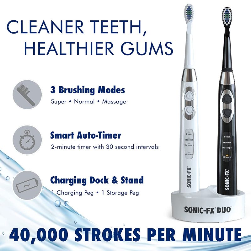 Photo 2 of Sonic-FX Duo Dual Handle Rechargeable Electric Toothbrush Set for Adults and Kids - 3 Modes, Smart Auto-Timer - with Charging Dock Brush Holder and 14 Brush...
