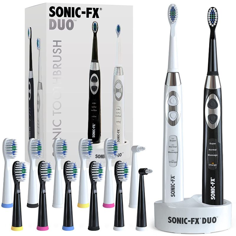 Photo 1 of Sonic-FX Duo Dual Handle Rechargeable Electric Toothbrush Set for Adults and Kids - 3 Modes, Smart Auto-Timer - with Charging Dock Brush Holder and 14 Brush...
