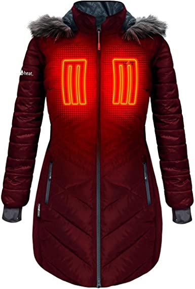 Photo 1 of ActionHeat 5V Battery Heated Long Puffer Jacket for Women w/Faux-Fur Hood, Tri-Zone Heating, Touch Control, Power Bank