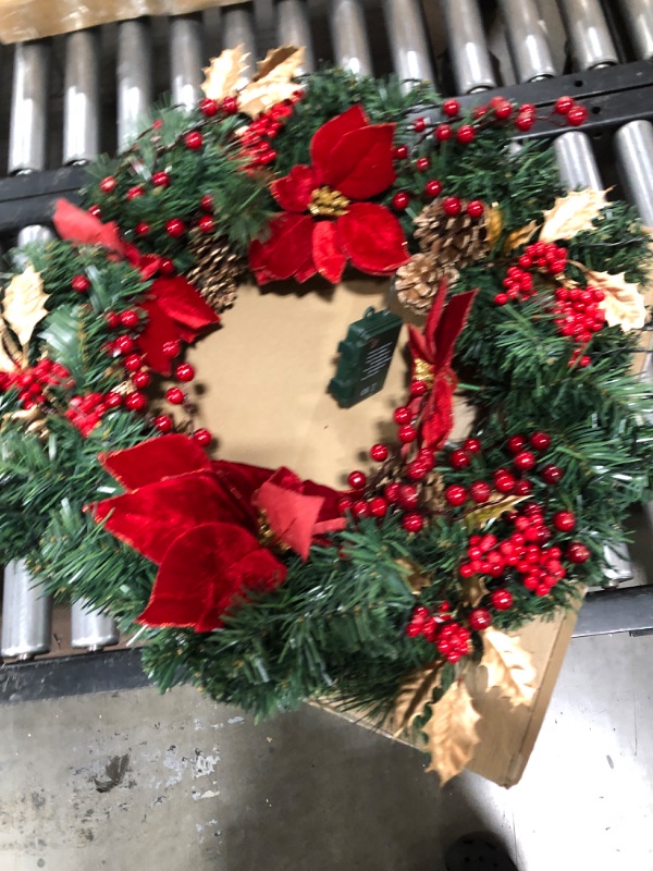 Photo 2 of 24 IN Christmas-Wreath,Christmas-Wreaths-for-Front-Door,Pre-Lit-Christmas-Decorations Door Wreath with 50 LED Lights,Poinsettia Flowers,Artificial Indoor/Outdoor Home Decor Gift Wreath for Door Mantel