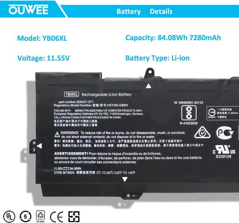 Photo 1 of OUWEE HSTNN-DB8H YB06XL Laptop Battery Compatible with HP Spectre X360 15-CH 2018 15-CH000NA 15-CH000TX 15-CH004NL 15-CH005NG 15-CH012TX Series HSTNN-DB8V 928427-271 YB06084XL 11.55V 84.08Wh 7280mAh
LITHIUM ION