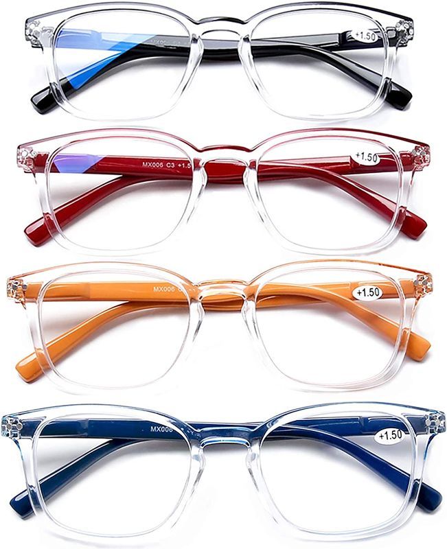 Photo 1 of Blue Light Blocking Computer Reading Glasses Fashion Clear Frames Designer Readers Lightweight Eyeglasses with Spring Hinge for Women Men (4 Pack, 0.0), BLACK RED ORANGE & BLUE