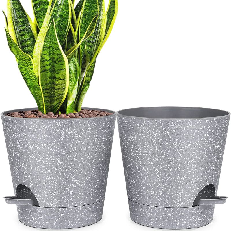 Photo 1 of 8 inch Self Watering Planters, Speckles Plant Pots with High Drainage Holes and Saucers for Indoor Plants and Flowers, Grey