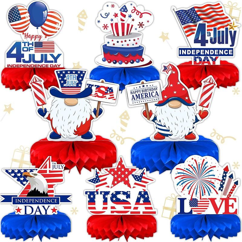 Photo 1 of 4th of July Honeycomb Centerpieces, 8 Pcs Fourth of July decorations, Red White and Blue Patriotic Decorations, Independence Day table decorations, Double Sided Memorial Day Decorations, 3 COUNT