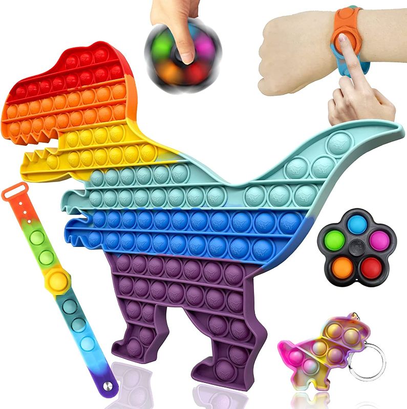 Photo 1 of 4 Pack, Big Size Pop Fidget Toy Set, Rainbow Large Dinosaur Pop Toy, Jumbo Pop Bubble Wristband Fidget Sensory Toy, Silicone Rainbow Stress Reliever Hand Finger Game Toy for Adults and Kids