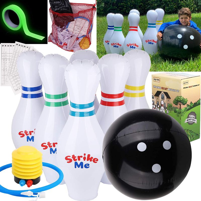 Photo 1 of Giant Inflatable Kids Bowling Set - 6 27" Jumbo inflatable bowling pins - 1 24" Yard Bowling Ball -30"Glow Tape-1 Foot Pump-1 Mesh Bag-10 Score Sheet-Indoor Outdoor Lawn Bowling set for Adult Kids
