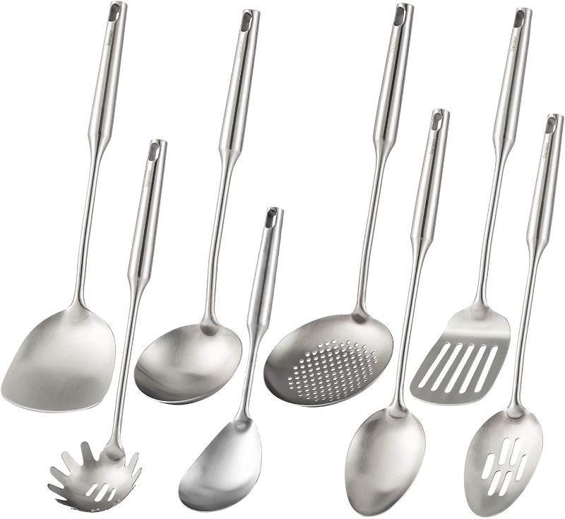 Photo 1 of 304 Stainless Steel Kitchen Utensil Set, Standcn 8 PCS All Metal Cooking Tools with Solid Spoon, Slotted Spoon, Wok Spatula, Soup Ladle, Skimmer, Slotted Spatula, Spaghetti Server, Large Rice Spoon
