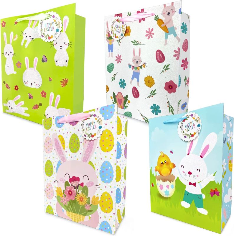 Photo 1 of 12PCS Easter Gift Bags with Handles, Glitter Printing Reusable Wrapping Bags Egg Hunt Paper Bags Treat Bag Candy Bags for Easter Event, Easter Birthday Party Favor Supplies, 9.1×7.1×3.9 inch
