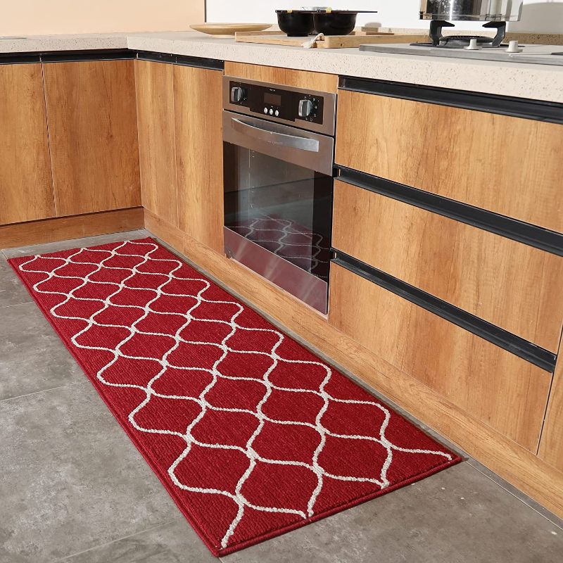 Photo 1 of COSY HOMEER 23.6x71 Inch Kitchen Rug Mats Made of 100% Polypropylene Strip TPR Backing Soft Kitchen Mat Specialized in Anti Slippery and Machine Washable,Red
