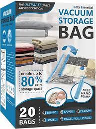 Photo 1 of 20 Pack Vacuum Storage Bags, Space Saver Bags (4 Jumbo/4 Large/4 Medium/4 Small/4 Roll) Compression Storage Bags for Comforters and Blankets, Vacuum Sealer Bags for Clothes Storage, Hand Pump Included
