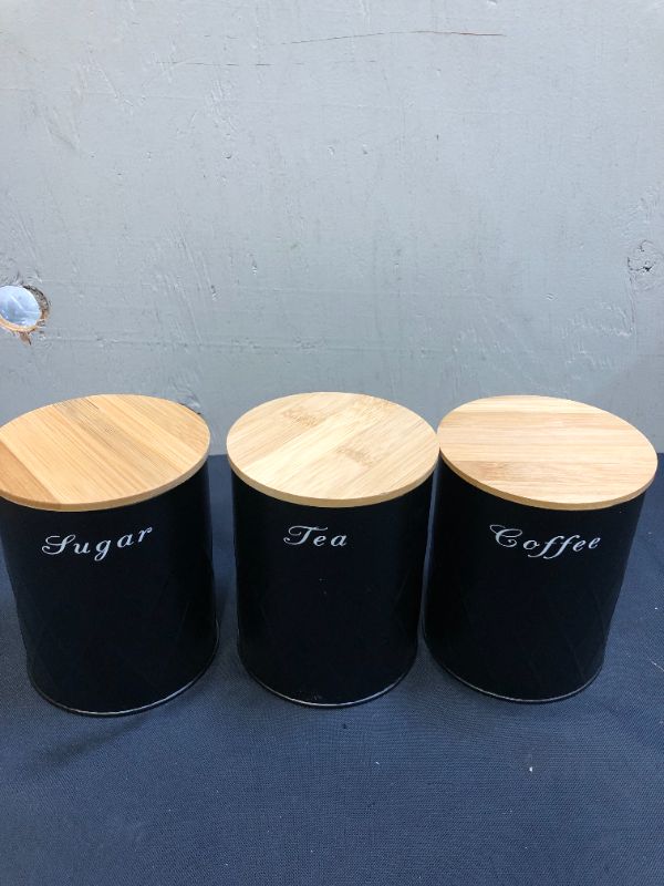 Photo 1 of COFFEE, TEA, & SUGAR BLACK CANISTERS WITH LIDS