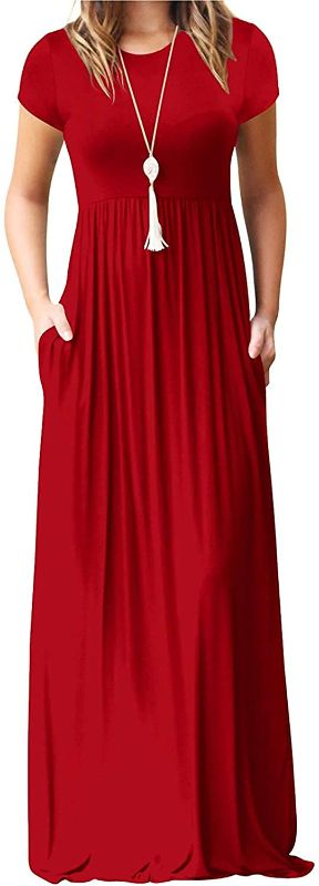 Photo 1 of I2CRAZY Summer Maxi Dresses for Women Plus Size Empire Waist Casual Beach Dresses Party Loose Short Sleeve Long Flowy T Shirt Dress with Pockets-XL,Red