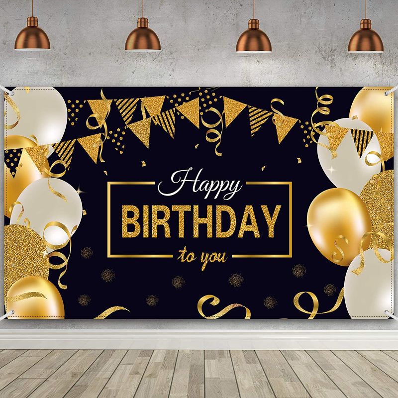 Photo 1 of Happy Birthday Backdrop Banner Black and Gold Sign Poster for Men Women Birthday Anniversary Party Photo Booth Backdrop Background Banner with Balloon Decor Supplies (35.4 x 61 Inch)