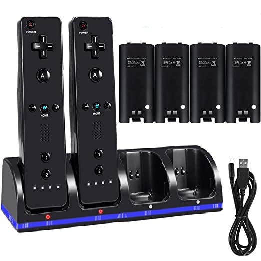 Photo 1 of 4 Port Charging Dock for Wii Remote Controller, Charger Station for Wii with 4 Pcs 2800mAh Rechargeable Batteries for Wii-Black
