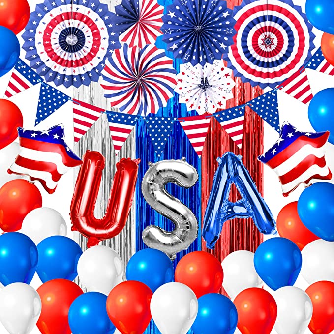 Photo 1 of 4th of July Patriotic Party Decorations 48PCS Independence Day Decorations with Red White and Blue Balloons/USA Flag Pennant Banner/Star Balloons/USA Foil Balloons Paper Fans for National Day Independence Day Fourth of July Patriotic Party Decorations Ame