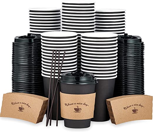 Photo 1 of 100 Pack 12 oz Paper Coffee Cups, Drinking Cups for Cold/Hot Coffee Chocolate Drinks, Disposable Coffee Cups with Lids, Sleeves and Stirring Sticks, Black Hot Coffee Cups for Home, Stores and Cafes.
