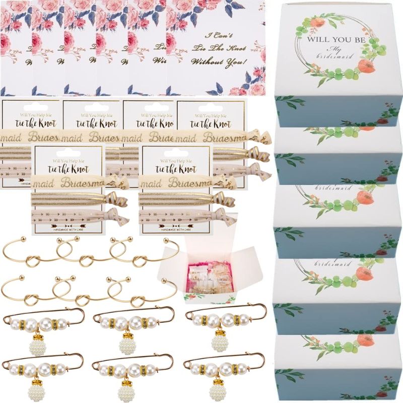 Photo 1 of 42pcs Bridesmaids Proposal Gifts Set 6 Bridesmaid Proposal Boxes,6 Love Knot Bracelet with 6 I Can't Tie The Knot Card and Bachelor party decoration 18 No Crease Hair Scrunchies Tie Gifts for Bridal Wedding gift for women guests(Beige)