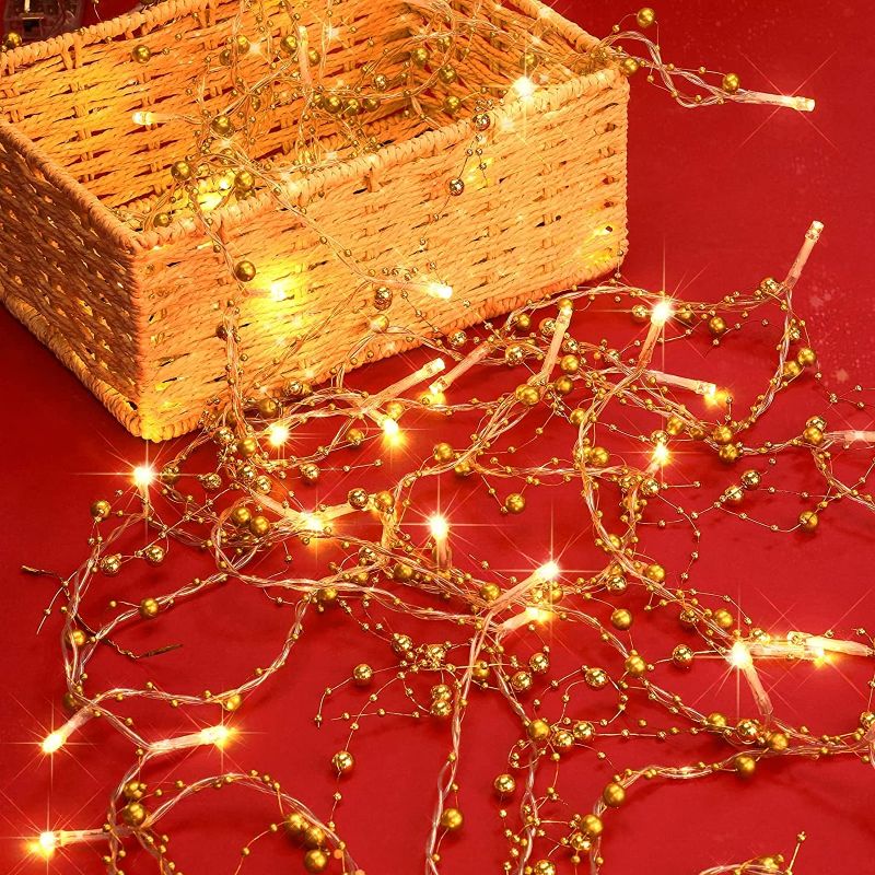 Photo 1 of 4 Pieces 10FT 30LED Christmas String Lights Battery Powered for Christmas Decorations Festive Lighted Berry Beaded Garland Christmas Garland for Fireplace Mantel Indoor Outdoor Decoration (Gold)