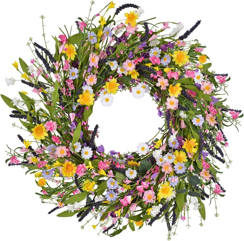 Photo 1 of Artificial Daisy Flower Wreath - 21Inch Spring Floral Wreath Fake Flower Wreath Spring/Summer Wreath for Front Door Home Decor

