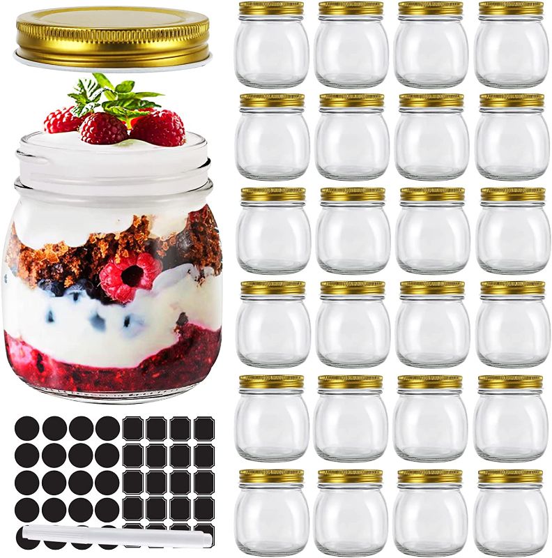 Photo 1 of 24 Pack 300 ml 10oz Glass Mason jars With Regular Mouth Lids, Perfect Containers for Jam, Honey, Candies,Wedding Favors, Decorations, Baby Foods. Included 1 Pens and 40 Labels.
