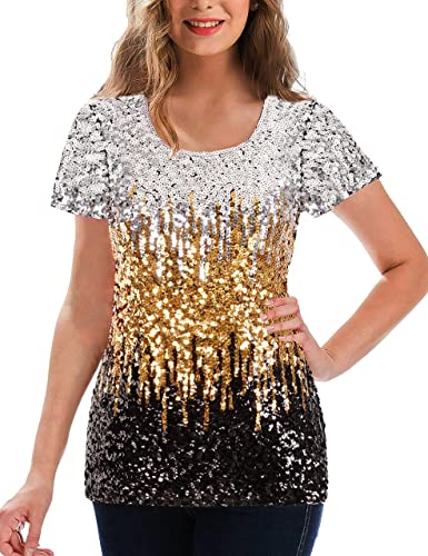 Photo 1 of MANER Women’s Full Sequin Tops Glitter Party Shirt Short Sleeve Sparkle Blouses SIZE XXL