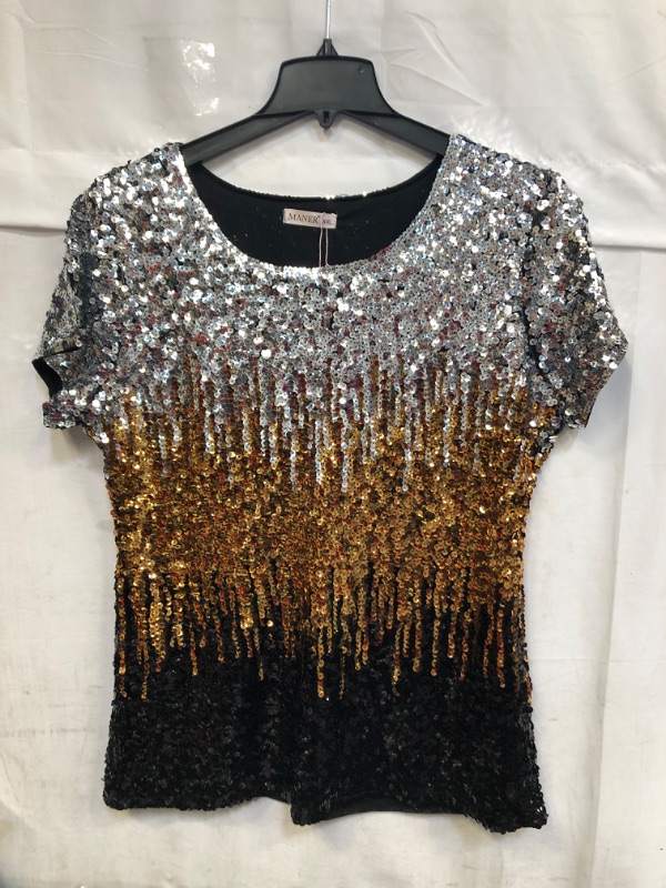 Photo 2 of MANER Women’s Full Sequin Tops Glitter Party Shirt Short Sleeve Sparkle Blouses SIZE XXL