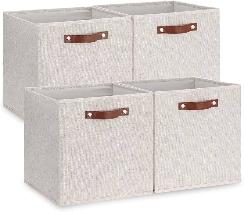 Photo 1 of  Fabric Storage Cubes Storage Bins with Dual Leather Handles, 4 Pack Cube Baskets 11"x11" Foldable Cube Organizers for Shelves, Home, Office, Nursery