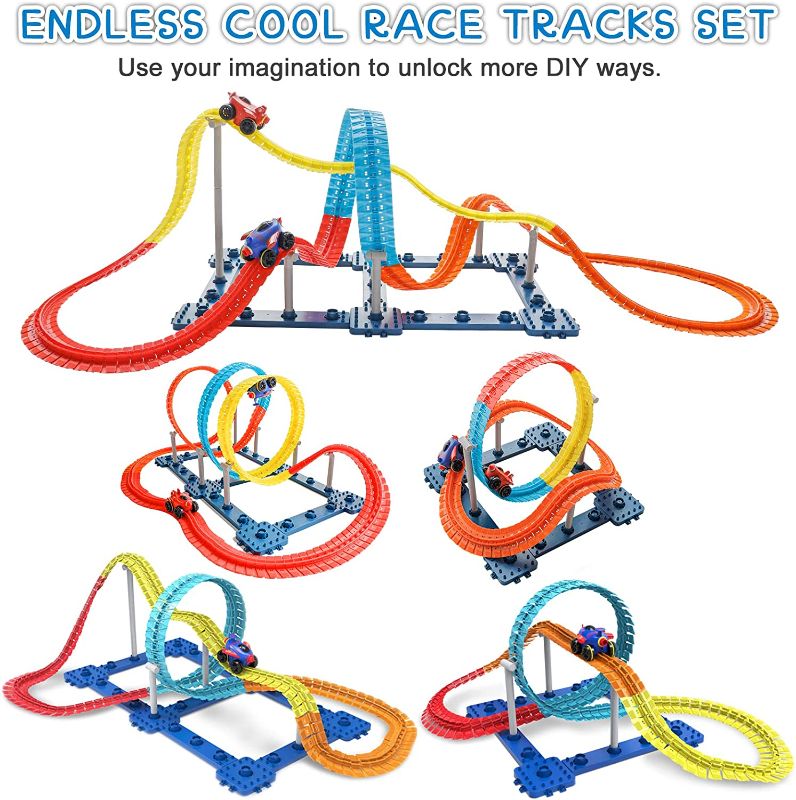 Photo 1 of Race Track Car Set Toys - Flexible Car Set Train Track Playset Magic Racing Car with LED Light Bendable Racetrack 200PCS DIY Stem Toy Cars for Kids Boy & Girl Adults Gifts
