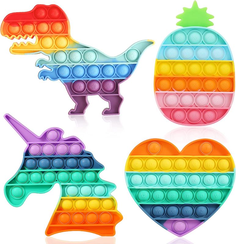Photo 1 of Fescuty Rainbow Unicorn Dinosaur Fidget Toys Heart Stress Relief Sensory Toys Autism Learning Materials for Anxiety Stress Relief Squeeze Toy (4 Pack Rainbow)
