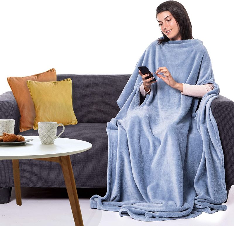 Photo 1 of CANDY CANE Premium Wearable Blanket 70"x50" with Three Holes - Super Soft, Lightweight, Microplush, Cozy and Functional Throw Blanket for Adult, Women and Men (Heavenly Blue)
