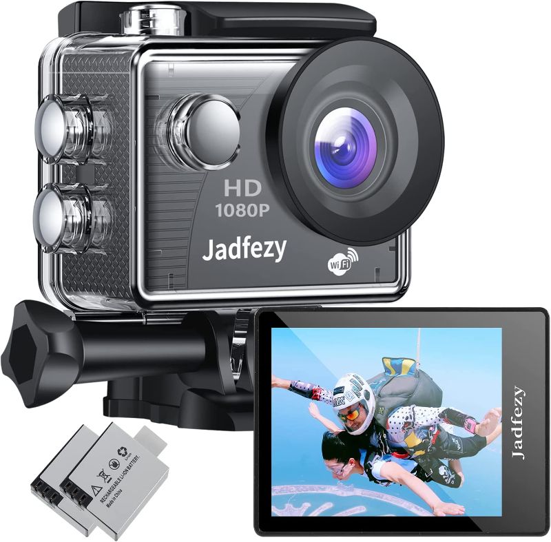 Photo 1 of Jadfezy WiFi Action Camera Ultra HD 1080P, 12MP Sports Camera Wide-Angle 2" LCD Screen, 30m/98ft Underwater Waterproof Camera with 2 Batteries and Accessories Kit for Helmet and Bicycle etc.
***MISSING PARTS***