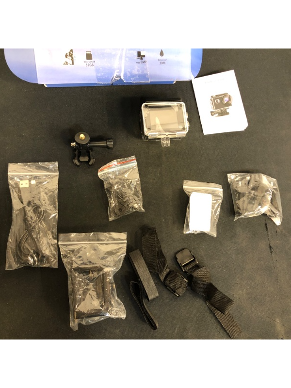 Photo 1 of Jadfezy WiFi Action Camera Ultra HD 1080P, 12MP Sports Camera Wide-Angle 2" LCD Screen, 30m/98ft Underwater Waterproof Camera with 2 Batteries and Accessories Kit for Helmet and Bicycle etc.
***MISSING PARTS***