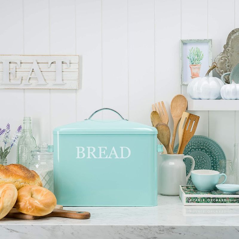 Photo 3 of Extra Large Bread Box Teal - Bread Boxes For Kitchen Counter Holds 2+ Loaves For All Your Bread Storage - Bread Container Counter Organizer To Suit Farmhouse Kitchen Decor, Vintage Kitchen, Rustic (TEAL)