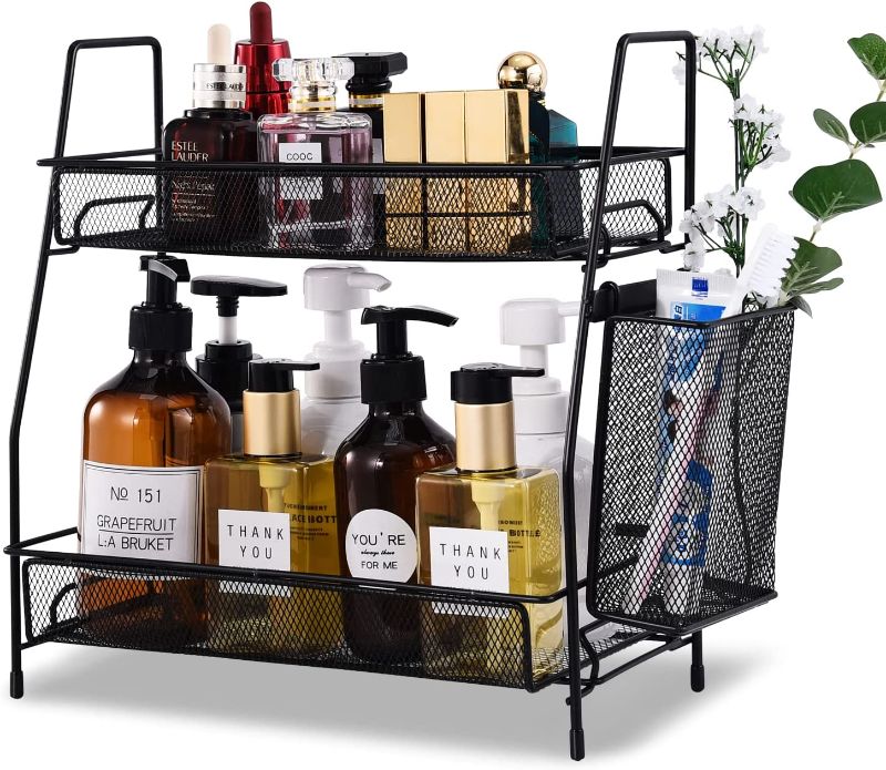 Photo 1 of Countertop organizer for bathroom counter, the organizer for bedroom, spice rack organizer for kitchen counter shelf with small basket(Black)