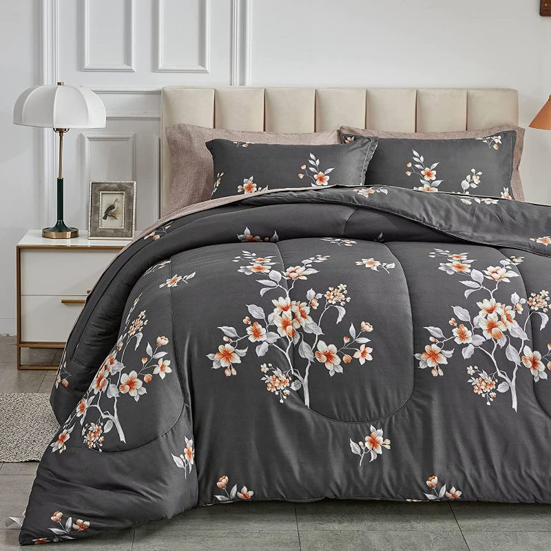 Photo 1 of 7 Pieces Bed in a Bag Queen Size, Dark Gray Floral Style, Soft Microfiber Reversible Bed Comforter Set for All Season (1 Comforter, 2 Pillow Shams, 1 Flat Sheet, 1 Fitted Sheet, 2 Pillowcases). QUEEN