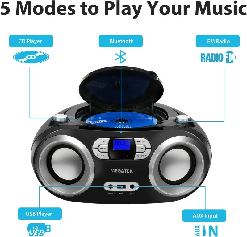 Photo 2 of MEGATEK Portable CD Player/Radio/Bluetooth Boombox with Enhanced Stereo Sound, CD-R/CD-RW/MP3/WMA Playback, USB Port, AUX Input, Headphone Jack, Backlit LCD Display, AC/Battery Operated