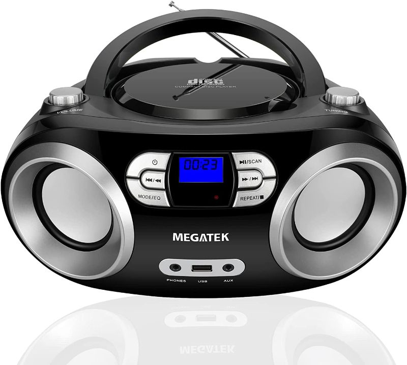 Photo 1 of MEGATEK Portable CD Player/Radio/Bluetooth Boombox with Enhanced Stereo Sound, CD-R/CD-RW/MP3/WMA Playback, USB Port, AUX Input, Headphone Jack, Backlit LCD Display, AC/Battery Operated