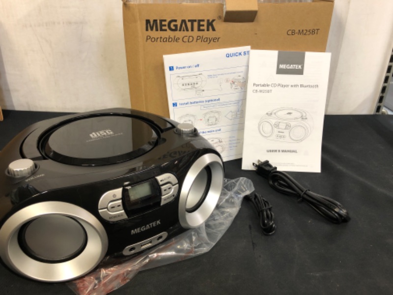 Photo 5 of MEGATEK Portable CD Player/Radio/Bluetooth Boombox with Enhanced Stereo Sound, CD-R/CD-RW/MP3/WMA Playback, USB Port, AUX Input, Headphone Jack, Backlit LCD Display, AC/Battery Operated