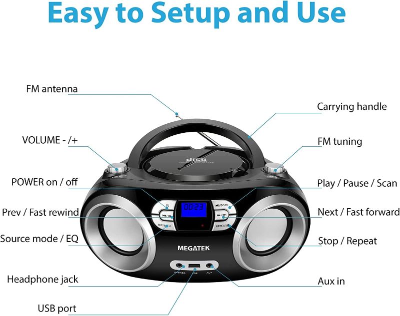 Photo 3 of MEGATEK Portable CD Player/Radio/Bluetooth Boombox with Enhanced Stereo Sound, CD-R/CD-RW/MP3/WMA Playback, USB Port, AUX Input, Headphone Jack, Backlit LCD Display, AC/Battery Operated