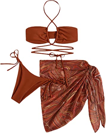 Photo 1 of MakeMeChic Women's 3 Piece Halter Tie Side Bikini Set Swimsuit with Swim Beach Cover Up Skirt / SARONG , RUST BROWN, SIZE S