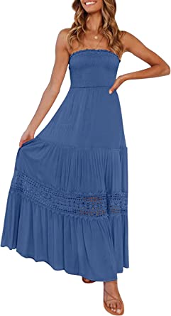 Photo 1 of ZESICA Womens Summer Bohemian Strapless Off Shoulder Lace Trim Backless Flowy A Line Beach Long Maxi Dress, BLUE, SIZE XL