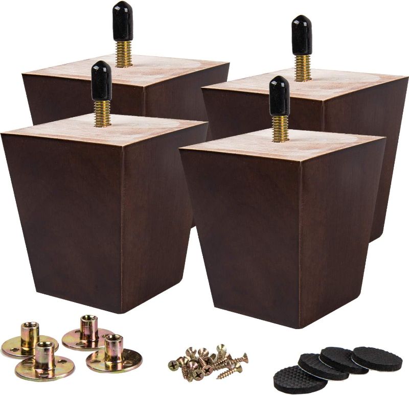 Photo 1 of 6 inch Wooden Furniture Legs, La Vane Set of 4 Solid Wood Square Walnut Mid-Century Modern M8 Replacement Bun Feet with Pre-Drilled 5/16 Inch Bolt & Mounting Plate & Screws for Couch Sofa Armchair
