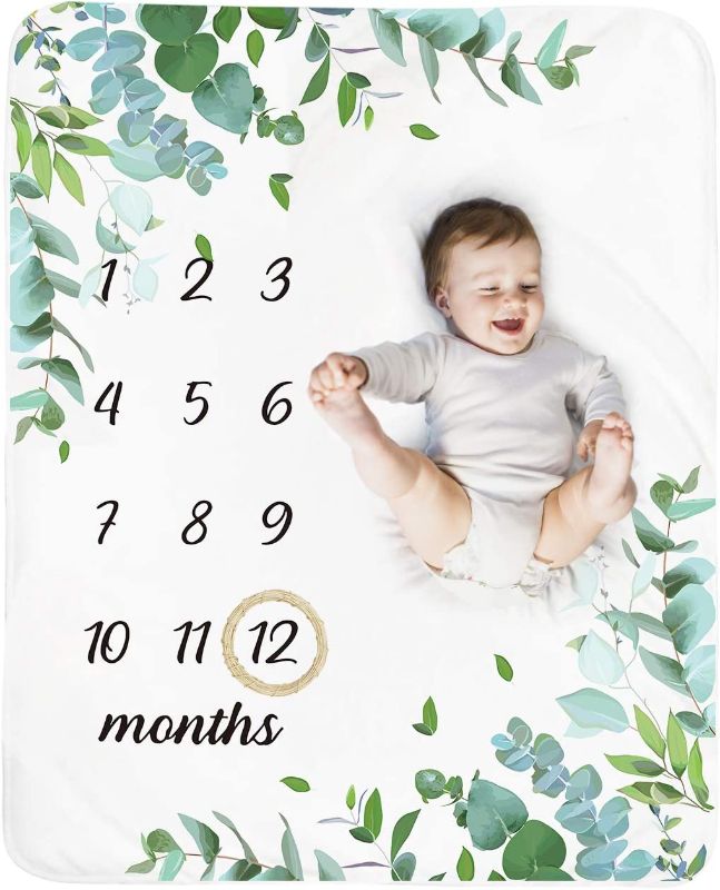 Photo 1 of Baby Monthly Milestone Blanket Boy - Neutral Leaf Newborn Month Blanket for Boy & Girl Personalized Shower Gift Soft Plush Fleece Photography Background Prop with Wooden Wreath Large 51''x40''
