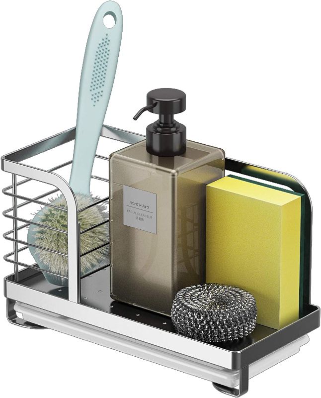 Photo 1 of  Kitchen Sink Caddy Organizer Sponge Soap Brush Holder for Sink Dish Rags Scrubber Conditioner Storage Countertop 304 Stainless Steel with Drain Pan -LARGE SIZE
